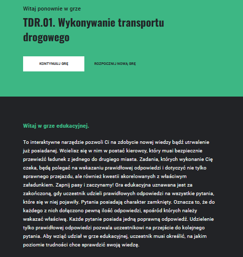 Ekran pozwalający na kontynuowanie gry edukacyjnej