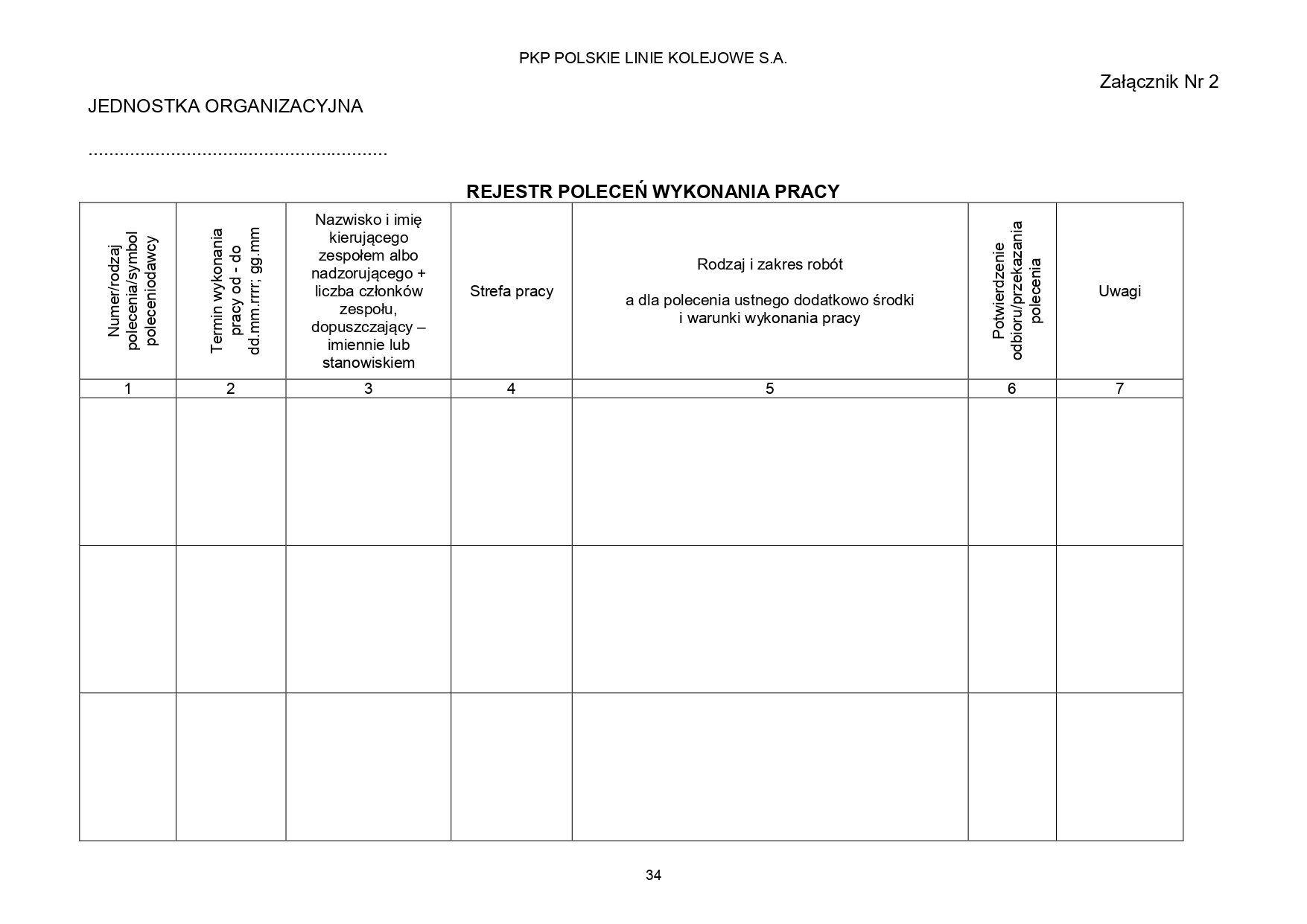 Ilustracja przedstawia dokument Rejestr poleceń wykonania pracy. Na górze dokumentu widoczny napis PKP Polskie Linie Kolejowe S.A..
Główną część dokumentu stanowi tabelka, która składa się z siedmiu następujących kolumn: 
1. Numer/rodzaj polecenia/symbol poleceniodawcy.
2. Termin wykonania pracy od - do.
3. Nazwisko i imię kierującego zespołem albo nadzorującego + liczba członków zespołu, dopuszczający - imienne lub stanowiskiem.
4. Strefa pracy
5. Rodzaj i zakres robót a dla polecenia ustnego dodatkowo środki i warunki wykonania pracy. 
6. Potwierdzenie odbioru/przekazanie polecenia.
7. Uwagi. 