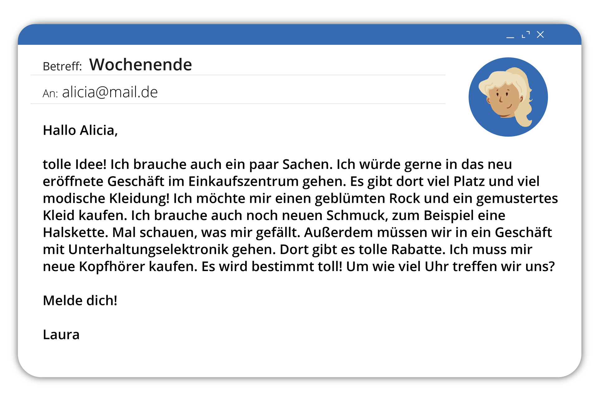 Grafika przedstawia okno wiadomości   e‑mail z nagłówkiem, adresem odbiorcy i treścią wiadomości . Treść dostępna w transkrypcji poniżej.