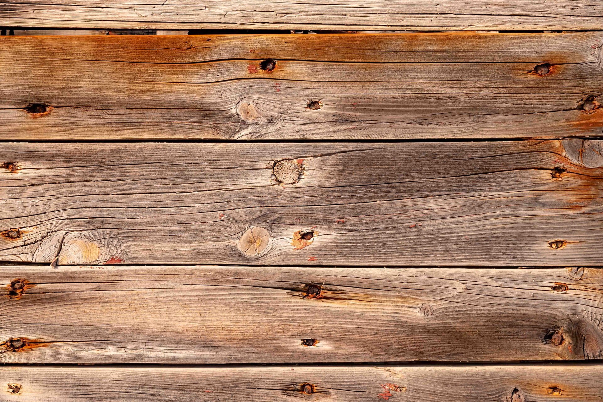 Zdjęcie przedstawia zbliżenie na kilku desek drewnianych, które uległy zbutwieniu – w tych miejscach widać rdzawe przebarwienia.