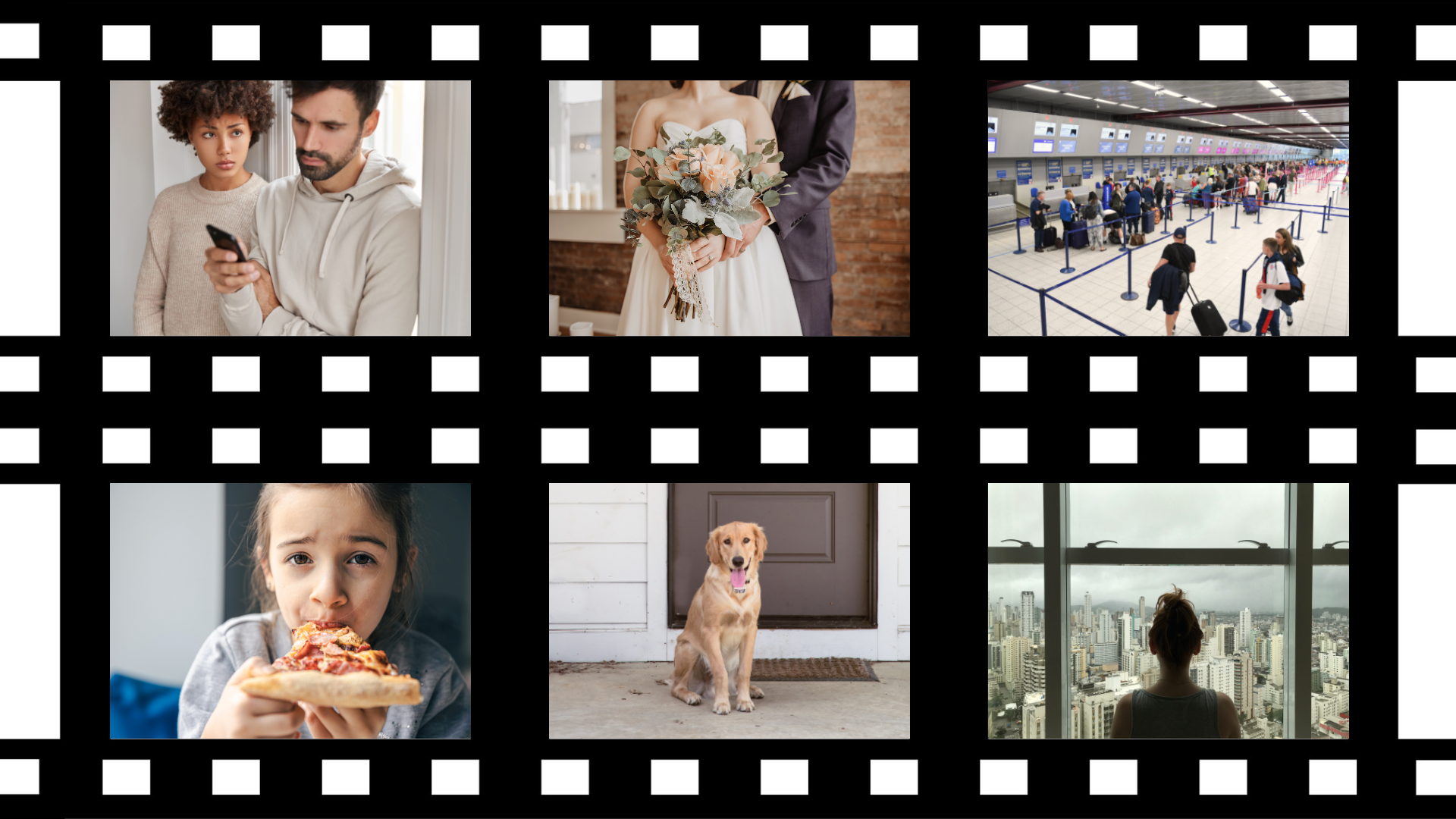 Ilustracja przedstawia sześć zdjęć przedstawiających sceny filmowe. Zdjęcia znajdują się w ramkach, tak jak na taśmie filmowej. Sceny przedstawiają: dwie osoby, kobietę i mężczyznę patrzących na telefon,parę na ślubnym kobiercu,ludzi na lotnisku z walizkami,dziewczynkę, która je pizzę,psa, który siedzi przy drzwiach,osobę, która wygląda przez okno.