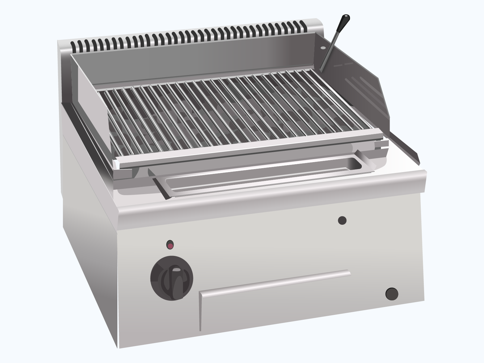 Ilustracja przedstawia wykonany ze stali nierdzewnej grill. W jego dolnej części zamontowano pokrętło do regulacji temperatury. Powyżej znajduje się blat do smażenia obudowany stalową osłoną. Poniżej pojemnik do ociekania tłuszczu. 