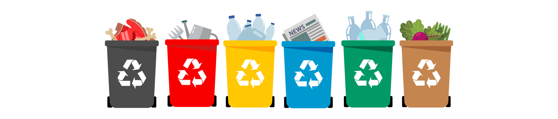 Ilustracja przedstawia sześć pojemników na śmieci. Pierwszy od lewej jest czarny, wypełniony odpadami zmieszanymi. Drugi jest czerwony, wypełniony metalem. Trzeci jest żółty, wypełniony plastikiem. Czwarty jest niebieski, wypełniony makulaturą. Piąty jest zielony, wypełniony szkłem. Szósty jest brązowy, wypełniony bioodpadami, czyli resztkami jedzenia i roślin. Na każdym pojemniku widać trzy białe strzałki tworzące razem trójkątny kształt symbolizujący recykling, czyli przetwarzanie śmieci w celu ich ponownego wykorzystania.