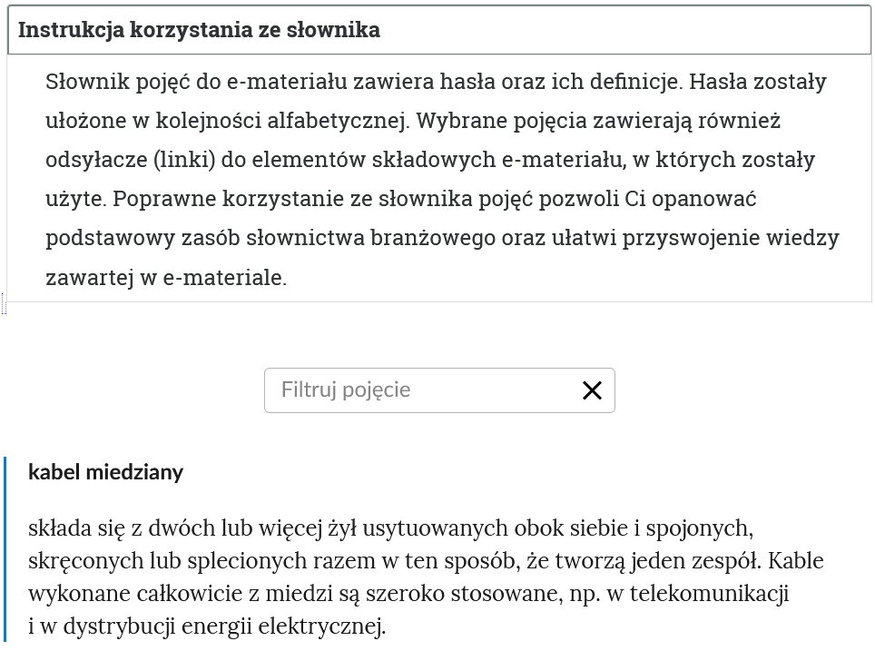 Ilustracja przedstawia widok na górą część słownika. Na górze widoczny jest rozwinięty panel z instrukcją. Poniżej widoczne jest pole do filtrowania haseł, a na dole hasło wraz z definicją.