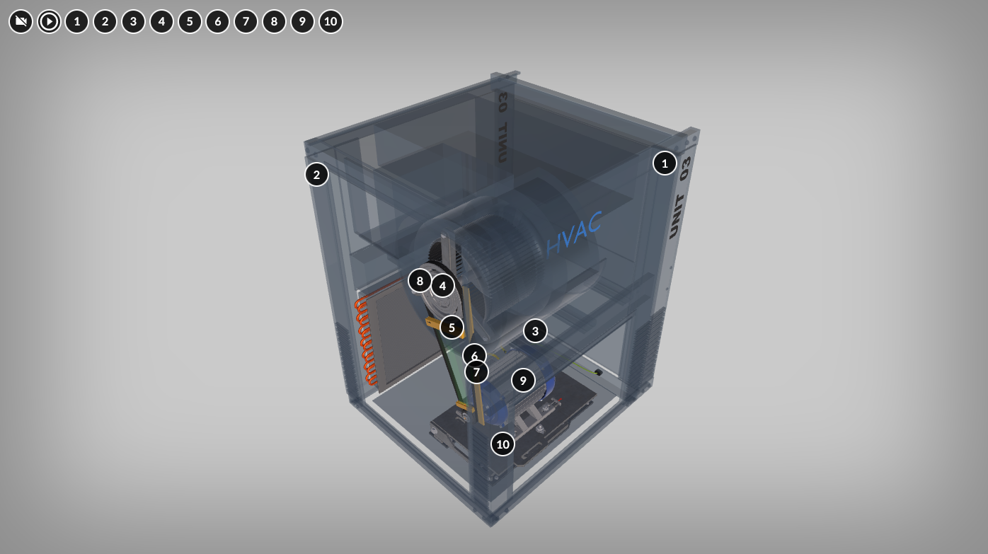 Grafika przedstawia przykładowy widok wizualizacji 3D. Widoczny jest model urządzenia. Na modelu znajdują się okrągłe, ponumerowane znaczniki.