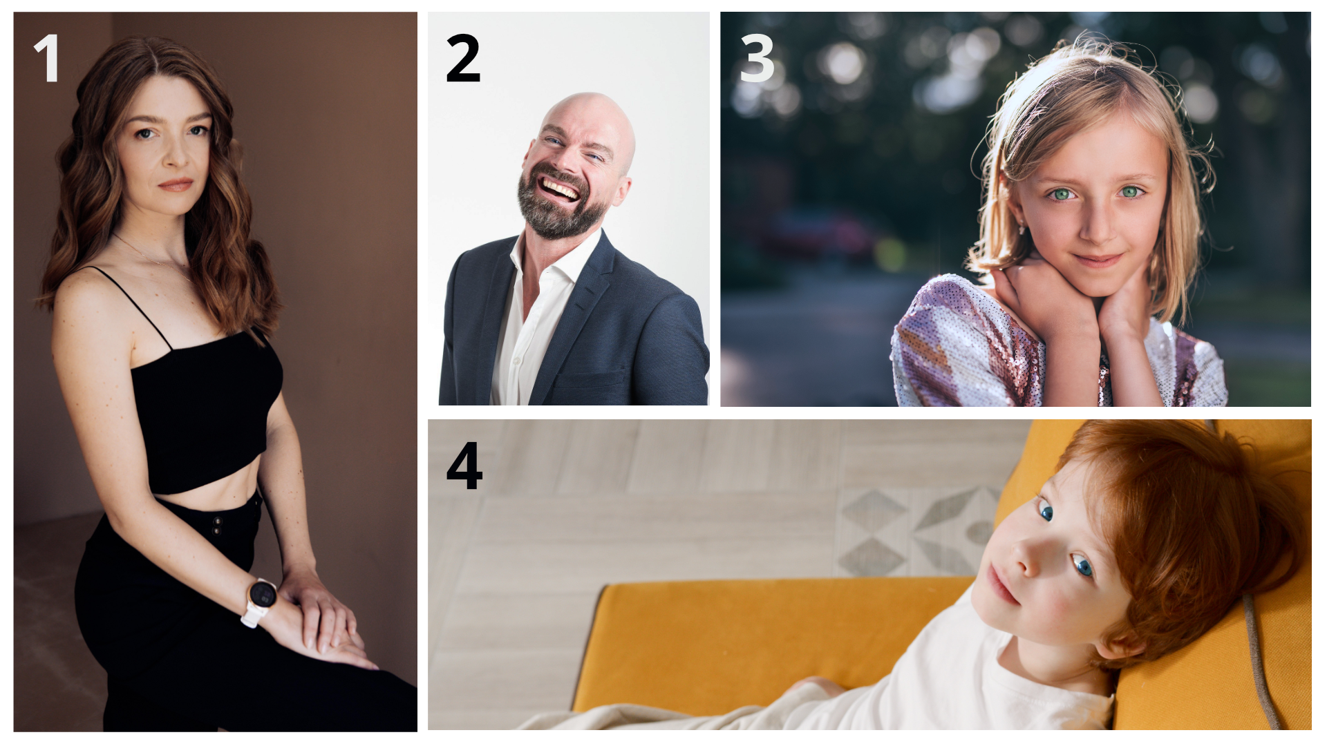 Ilustracja składa się z czterech ponumerowanych zdjęć. Zdjęcie z numerem jeden przedstawia wysoką, smutną kobietę z ciemnymi długimi włosami. Zdjęcie z numerem dwa przedstawia uśmiechniętego, łysego mężczyznę z brodą. Zdjęcie z numerem trzy przedstawia małą dziewczynkę z włosami blond. Zdjęcie z numerem cztery przedstawia małego chłopca z rudymi włosami.