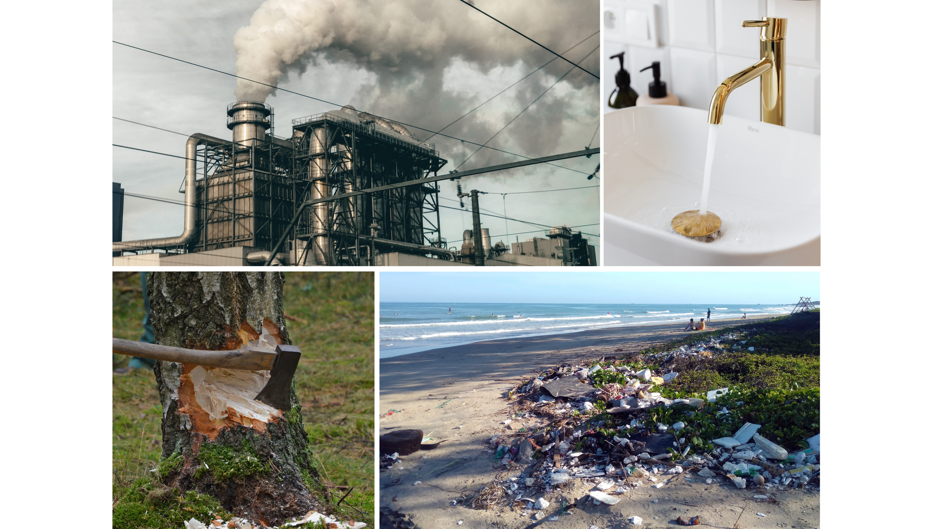 Ilustracja składa się z czterech zdjęć. Na pierwszym zdjęciu znajduje się komin, z którego unosi się dym. Drugie zdjęcie przedstawia umywalkę i kran, z którego leje się woda. Trzecie zdjęcie przedstawia siekierę wbitą w drzewo. Na czwartym zdjęciu widoczne są śmieci na plaży.