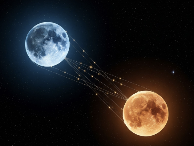 Obrazek przedstawiający dwa sferyczne obiekty oraz linie symbolizujące siły grawitacji działające między nimi.