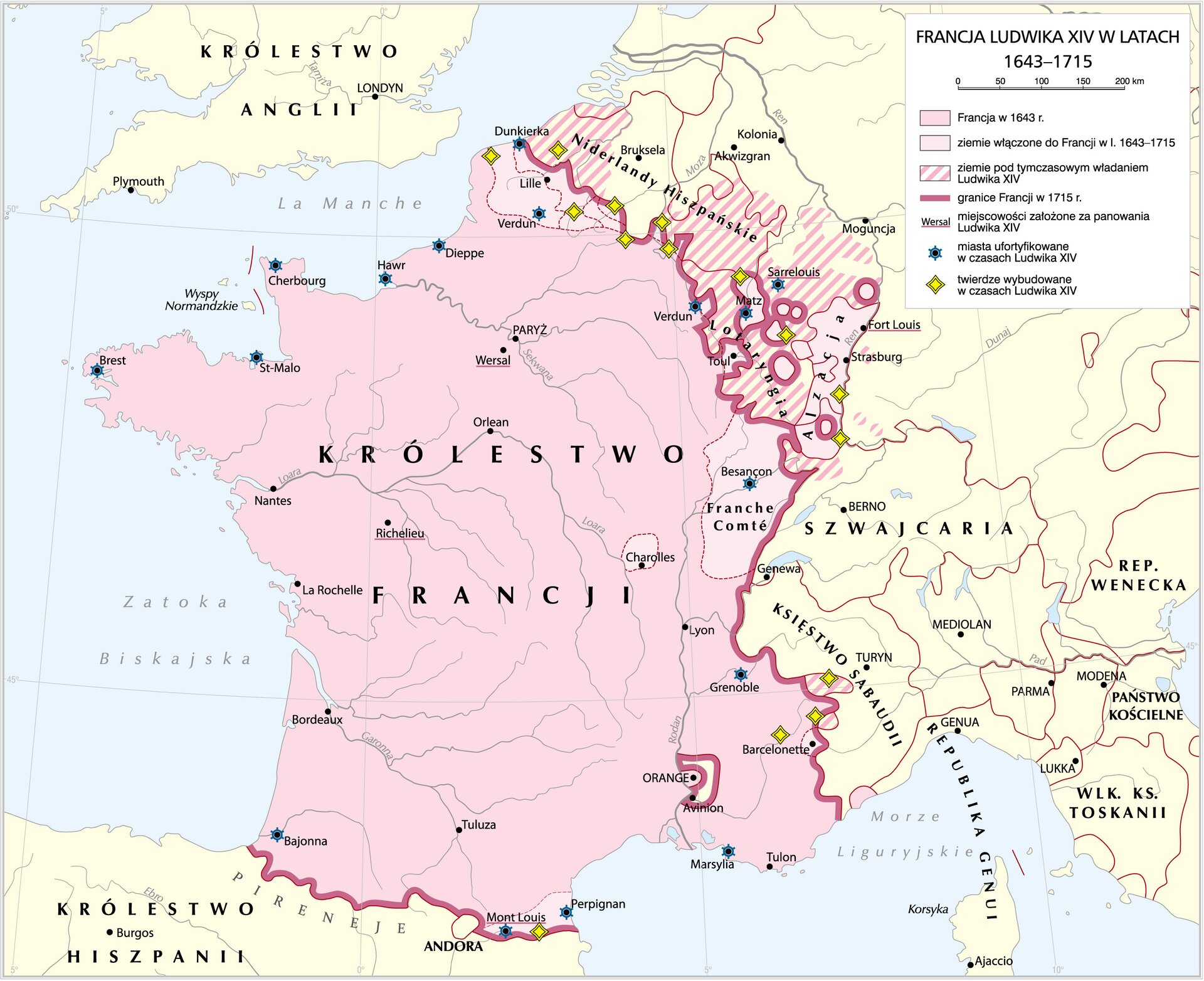 Kliknij, aby powiększyć Na mapie Francja Ludwika XIV w latach 1643‑1715. Ziemie włączone do Francji w 1643‑1715 to Lille i Verdun oraz okolice, Alzacja, Franche Comte, Mont Louis i Perpignan oraz okolice. Ziemie pod tymczasowym władaniem Ludwika XIV to Niderlandy Hiszpańskie, ale bez środkowej części obejmującej Brukselę i okolice, Lotaryngia i tereny w kierunku Moguncji, mały skrawek Szwajcarii (na południe od Alzacji), skrawek ziemi w kierunku Turynu. Miejscowości założone za panowania Ludwika XIV: Sarrelouis, Wersal, Richelieu, Mont Louis. Miasta ufortyfikowane w czasach Ludwika XIV: Bajonna, Mont Louis, Perpignan, Marsylia, Grenoble, Besancon, Brest, St‑Malo, Cherbourg, Hawr, Dieppe, Verdun, Matz, Dunkierka, Sarrelouis. Twierdze wybudowane w czasach Ludwika XIV ciągnęły się od okolic Dunkierki przez Lotaryngie i Alzację. Dodatkowo były w okolicach Barcelonette i Mont Louis.