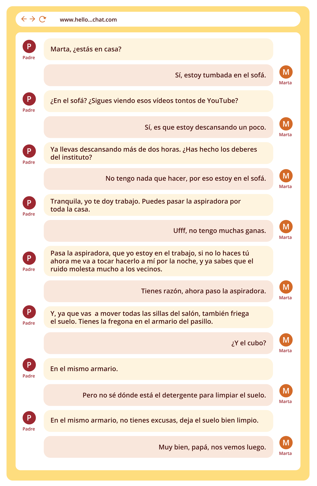 Grafika przedstawia dialog prowadzony na komunikatorze internetowym. Padre: Marta, ¿estás en casa? Marta: Sí, estoy tumbada en el sofá. Padre: ¿En el sofá?  Sigues viendo esos vídeos tontos de YouTube? Marta: Sí, es que estoy descansando un poco. Padre: Ya llevas descansando más de dos horas. ¿Has hecho los deberes del instituto? Marta: No tengo nada que hacer, por eso estoy en el sofá. Padre: Tranquila, yo te doy trabajo. Puedes pasar la aspiradora por toda la casa. Marta: Ufff, no tengo muchas ganas. Padre: Pasa la aspiradora, que yo estoy en el trabajo, si no lo haces tú ahora me va a tocar hacerlo a mí por la noche, y ya sabes que el ruido molesta mucho a los vecinos.Marta: Tienes razón, ahora paso la aspiradora. Padre: Y, ya que vas  a mover todas las sillas del salón, también friega el suelo. Tienes la fregona en el armario del pasillo. Marta: ¿Y el cubo? Padre: En el mismo armario. Marta: Pero no sé dónde está el detergente para limpiar el suelo. Padre: En el mismo armario, no tienes excusas, deja el suelo bien limpio. Marta: Muy bien, papá, nos vemos luego.