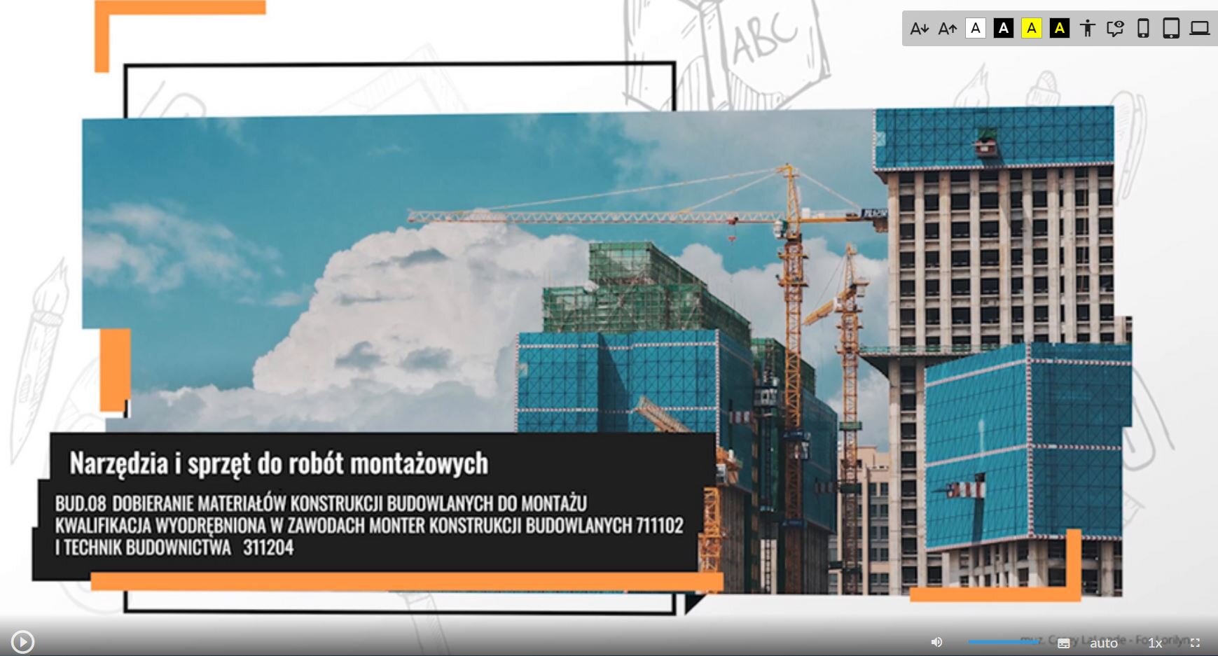 Przykładowy wygląd strony z filmem edukacyjnym. Widoczna jest tytułowa klatka z filmu. W dolnej części ekranu widoczne są ikony do obsługi filmu. Są one wyjaśnione w dalszej części instrukcji.