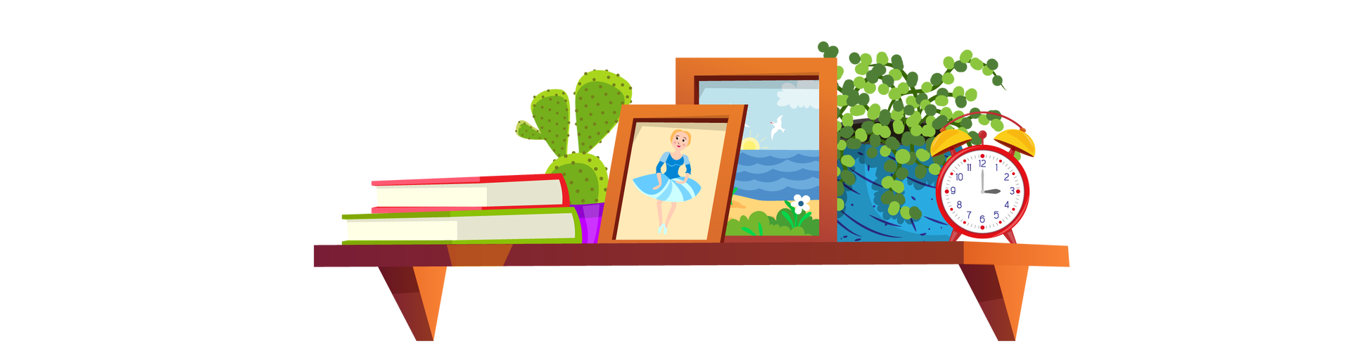 Ilustracja przedstawia brązową półkę wiszącą na ścianie. Znajdują się na niej dwie książki ułożone jedna na drugiej, zielony kaktus w fioletowej donicy, a także dwa obrazki w ramkach, z których jeden przedstawia baletnicę w niebieskiej sukience na beżowym tle, a drugi morski krajobraz. Dalej, w niebieskiej donicy stoi także zielona roślina o drobnych listkach oraz czerwony budzik ze wskazówkami.