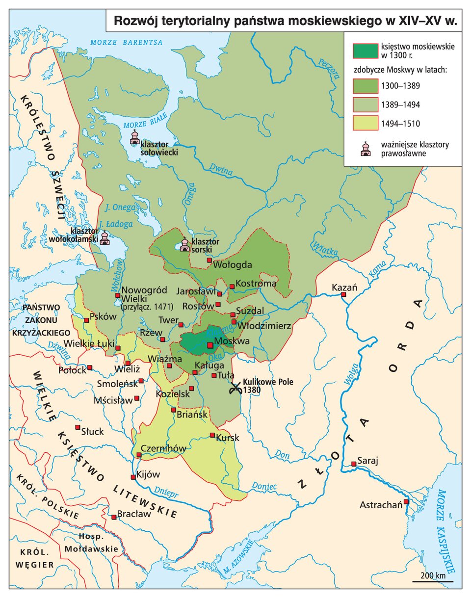 Mapa przedstawia rozwój terytorialny państwa moskiewskiego w czternastym i piętnastym wieku. Księstwo Moskiewskie w 1300 roku obejmowało jedynie niewielkie obszary wokół Moskwy.  Od 1300 do 1389 roku Moskwa zdobyła obszary wokół miast Kaługa, Włodzimierz i Suzdal miały one bezpośredni lądowy kontakt z Moskwą. Zaś duże obszary z miastem Kostroma również weszły we władanie Moskwy, jednak nie miała ona z nimi bezpośredniego lądowego połączenia. Od 1389 do 1494 roku Moskwa zdobyła ogromne obszary od Morza Białego i Zatoki Fińskiej po Syberię. Zdobyła takie miasta jak Nowogródek Wielki, Rżew, Rostów, Twer, Kozielsk, Tuła i Wiaźma.  Od 1494 do 1510 Moskwa przeprowadziła ekspansję na zachód zdobywając takie miasta jak Psków, Wielkie Łuki, Czernichów, Kursk, Briańsk i Wieliż.  Prawosłąwne klasztory znajdowały się w na wyspie Morza Białego i był to klasztor sołowiecki, na północny zachód od Wołogdy klasztor sorski i  na jeziorze Ładoga, klasztor wołokołamski. 