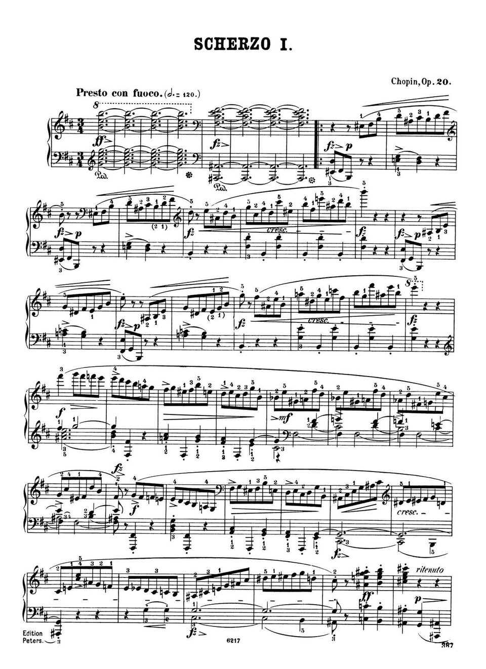 Ilustracja przedstawia zapis nutowy utworu „Scherzo h‑moll” op. 20 Chopina.