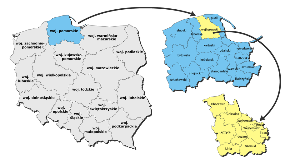 Ilustracja przedstawia konturową mapę Polski z podziałem na województwa oraz z podziałem na powiaty i gminy na terenie jednego województwa Analiza dotyczy województwa pomorskiego. 