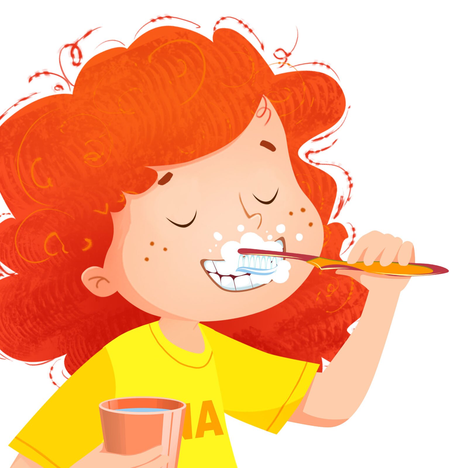 Ilustracja przedstawia rudowłosą i piegowatą dziewczynkę o imieniu Lina, myjącą zęby. Nagranie dźwiękowe brzmi: Ich putze meine Zähne.
 