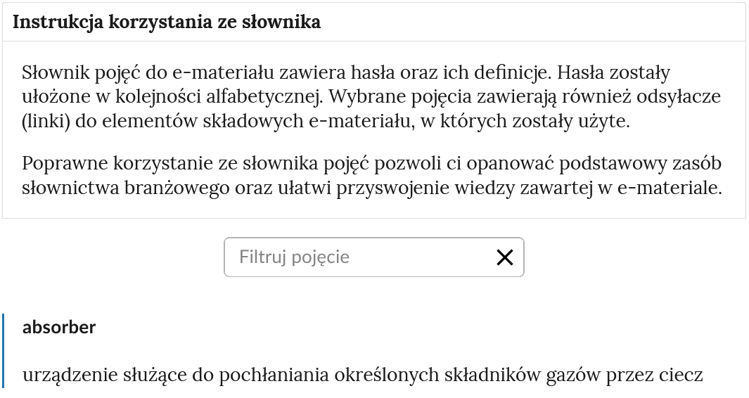Ilustracja przedstawia rozwinięty panel z instrukcja słownika. Poniżej znajduje się pole do filtrowania haseł. Na dole widoczne jest hasło wraz z definicją.