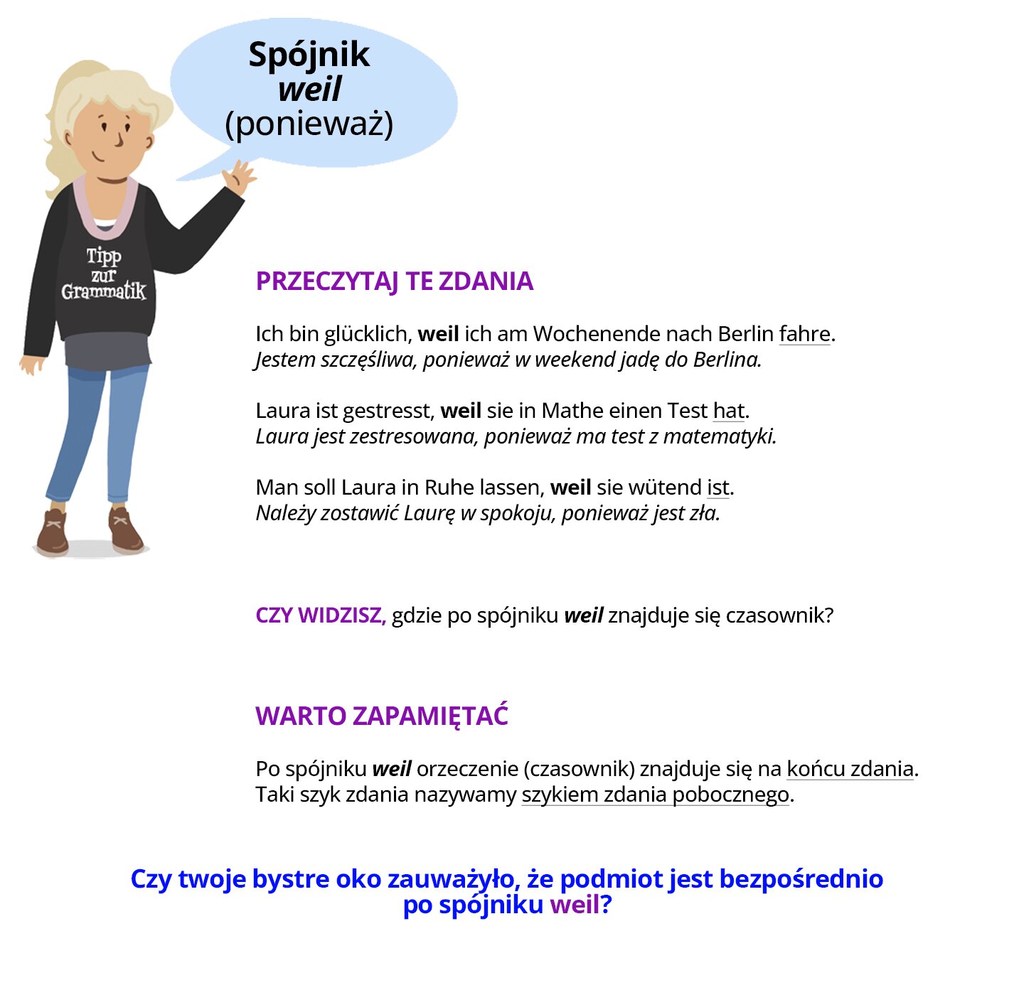 Ilustracja zawiera poradę językową.
Grafika przedstawia dziewczynkę ubraną w czarną bluzkę z napisem Tipp zur Grammatik oraz w niebieskie spodnie.
Dziewczynka mówi: Spójnik weil (ponieważ).
Pozostałą część ilustracji stanowi tekst, którego treść wyświetla się w trybie dostępności.