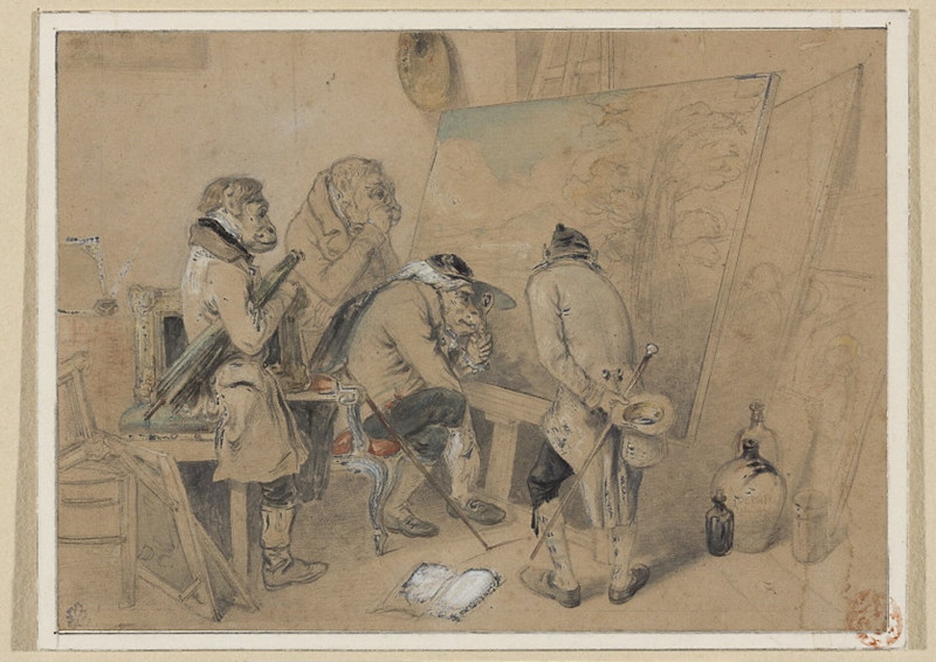 Ilustracja przedstawia obraz Alexandre-Gabriela Decampsa „Rzeczoznawcy w pracowni malarza”. Przy sztaludze z obrazem są cztery postacie. Wszystkie mają małpie głowy zamiast ludzkich. Postać w środku siedzi, a pozostałe stoją. Jedna z nich jest tyłem do widza i trzyma z tyłu ręce w których widać laskę i cylinder. Obok obrazu, który podziwiają stoją butle, a u dołu obrazu leży otwarta książka.