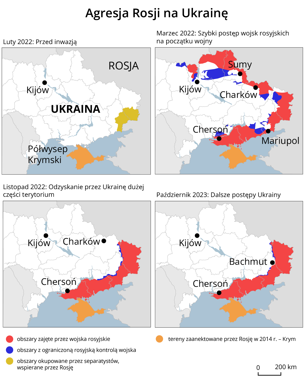 Mapa Ukrainy zatytułowana „rosyjska inwazja na Ukrainę w dwa tysiące dwudziestym drugim roku”. W lewym dolnym rogu legenda. Pod tytułem mapy dopisek: „stan od dwudziestego czwartego grudnia do pierwszego czerwca”. Żółtym kolorem oznaczono teren Ukrainy, czerwonym kolorem oznaczono okupowane tereny Ukrainy. Dodatkowo odpowiednio żółtymi kropkami oznaczono miasta pod kontrolą Ukrainy, a czerwonymi pod kontrolą okupantów. Czerwonymi strzałkami oznaczono działania sił rosyjskich i separatystycznych, niebieskimi strzałkami działania sił Ukraińskich. Symbolem wybuchu oznaczono obszary bombardowań powietrznych. Okupowane terytoria znajdują się na wschodzie i południowym wschodzie kraju. Bombardowania oznaczono niemal we wszystkich większych miastach. Działania sił ukraińskich oznaczone strzałkami skierowanymi od Kijowa na północ, podobnie jak od Charkowa. Działania sił rosyjskich na okupowanych terenach.