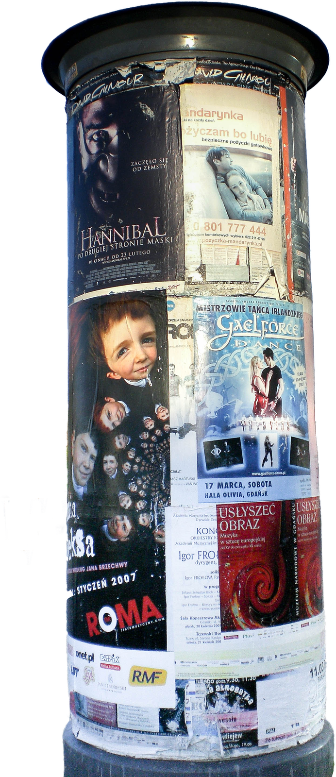 Na zdjęciu znajduje się słup ogłoszeniowy z plakatami stanowiącymi uliczną informację lub reklamę zewnętrzną.