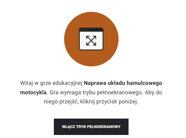Przykładowy widok ekranu startowego gry wraz z instrukcją i przyciskiem włączającym tryb pełnoekranowy.