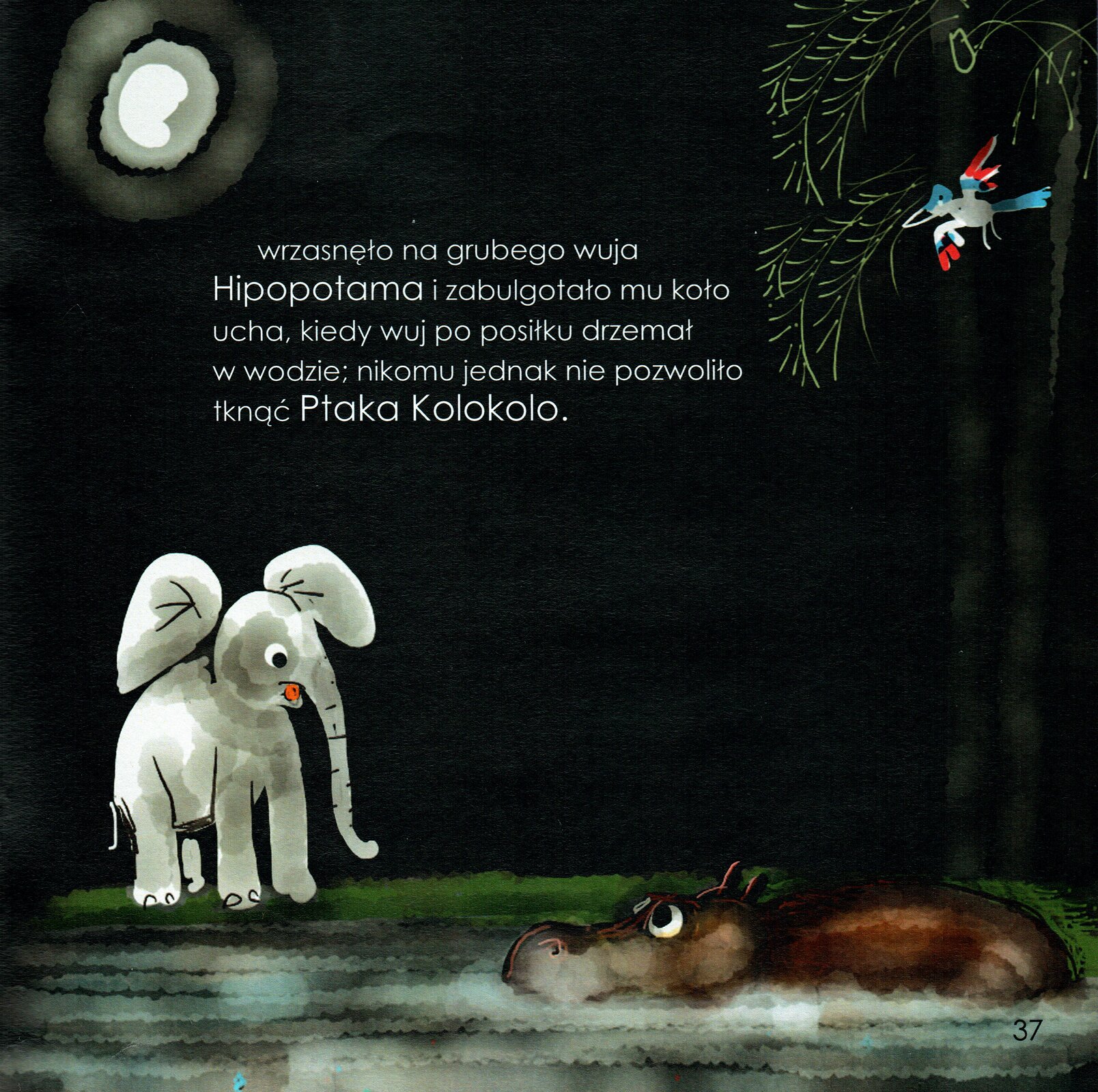 Ilustracja przedstawia grafikę z książki dla dzieci Rudyarda Kiplinga "Słoniątko", ukazującą słonia stojącego nad brzegiem wody, w której płynie hipopotam. Na drzewie obok znajduje się ptak. Scena ukazana jest nocą. Na ilustracji jest napis: „wrzasnęło na grubego wuja Hipopotama i zabulgotało mu koło ucha, kiedy wuj po posiłku drzemał w wodzie; nikomu jednak nie pozwoliło tknąć ptaka Kolokoko”.