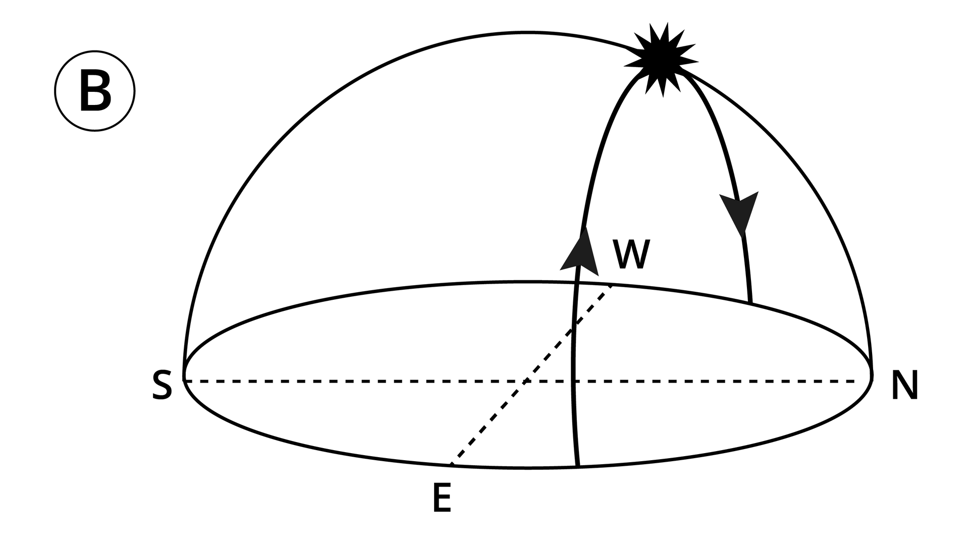 Rysunek przedstawia ruch słońca nad widnokręgiem. Na okrągłej płaszczyźnie widnokręgu zaznaczone są kierunki świata oznaczone literami: N czyli północ, S czyli południe, E czyli wschód i W czyli zachód. Nad tą płaszczyzną narysowana jest połowa okręgu oznaczająca sklepienie niebieskie. Punkty N i S oraz E i W połączone są przerywanymi liniami. Na prawo od linii łączącej punkty E i W narysowana jest półokrągła linia z dwiema strzałkami skierowanymi w stronę litery W dotykająca w dwóch najniższych punktach płaszczyzny widnokręgu a w najwyższym punkcie linii oznaczającej sklepienie niebieskie. W punkcie styku tych dwóch linii narysowane jest słońce umiejscowione na sklepieniu niebieskim bliżej litery N. Linia wyznaczająca jego drogę tworzy kąt prosty z tą płaszczyzną widnokręgu.