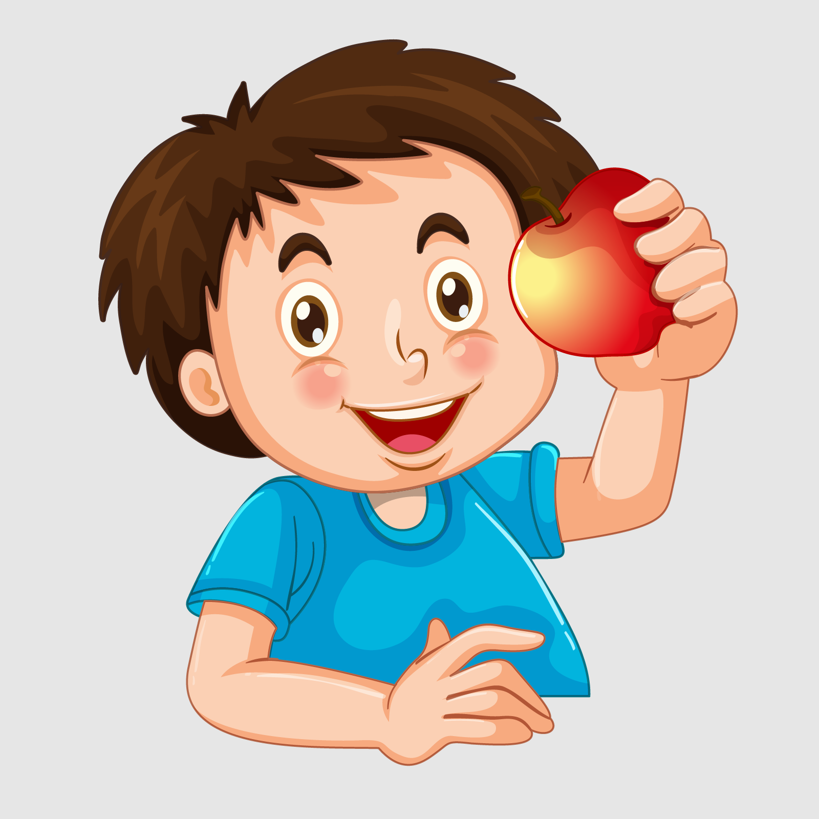 Ilustracja przedstawia szczęśliwego chłopca, trzymającego w dłoni jabłko.