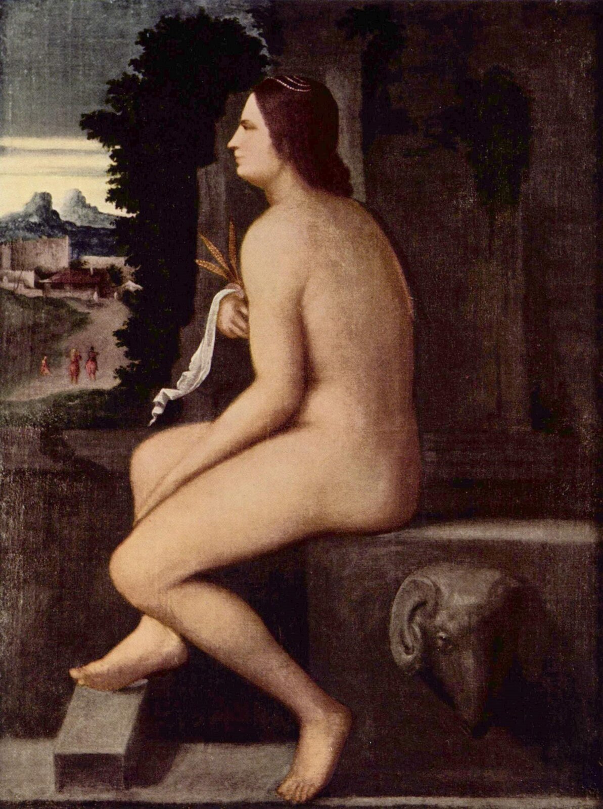 Obraz autorstwa Giorgione „Ceres” przedstawia kobietę siedzącą na brązowym podeście z widocznym zdobieniem – głową byka. Umieszczona na obrazie kobieta jest naga i pozuje z profilu – ma długie ciemne włosy, jedna dłoń swobodnie leży na udzie, zaś druga dłoń owinięta biało-złotym materiałem zakrywa piersi. Kobieta spogląda na miasto, które znajduje się w górnej lewej części obrazu – w tle widoczne są budynki, spacerujące kobiety ubrane w czerwone suknie, oraz góry. 