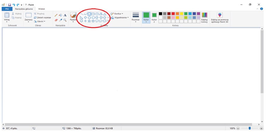 Zrzut ekranu z rozwiniętą zawartością edytora programu Paint (w tym: Obraz, Narzędzia, Kształty, Kolory). Ikonka Kształty zakreślona czerwonym kółkiem. 