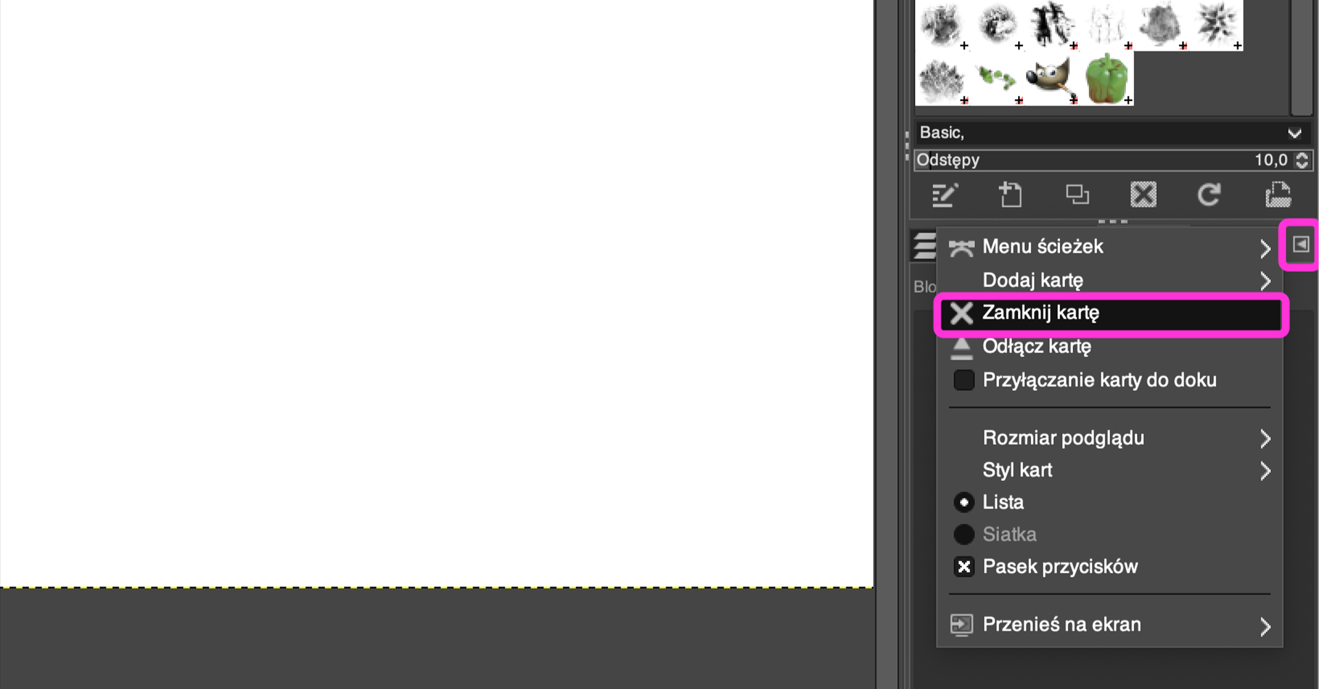 Ilustracja przedstawia panel z wyborem pędzla oraz otwartym Menu ścieżek. Zaznaczono: Zamknij kartę.