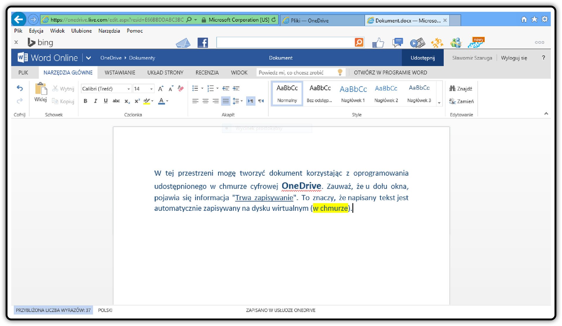 Zrzut dokumentu utworzonego w programie udostępnionym w chmurze cyfrowej OneDrive