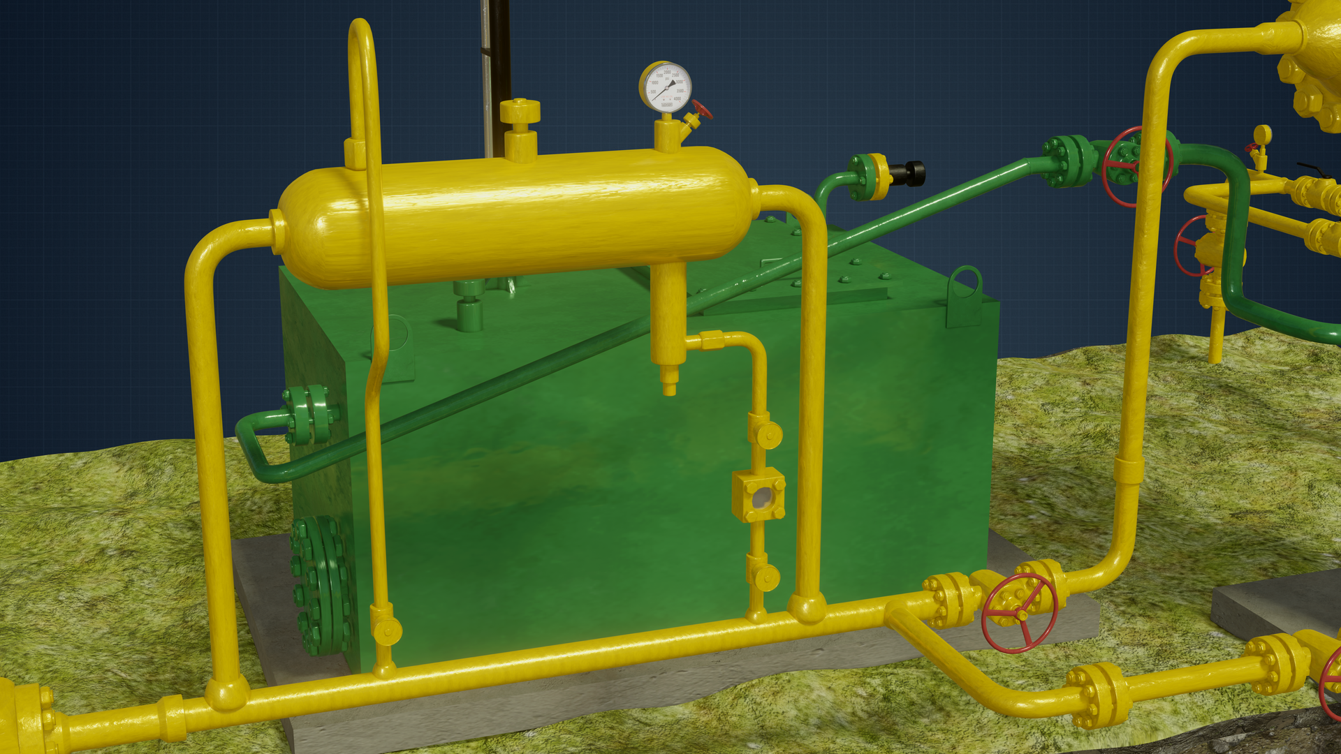 Na ekranie widać animowany model fragmentu instalacji przedstawiającej dawkownik czyli zakraplacz. Dawkownik jest to stalowe urządzenie w kształcie zaokrąglonego na końcu walca. Dawkownik wykorzystywany jest w celu chwilowego zapobieżenia powstania hydratów czyli nietrwałych związków wody w postaci ciekłej z gazem w formie korków. Dlatego na drodze pomiędzy odwiertem a separatorem. do strumienia gazu dawkowany jest metanol. Nad dawkownikiem znajduje się okrągły wskaźnik. Po prawej stronie dawkownika zarówno u góry i jak i u doły biegną układy rury. Za dawkownikiem znajduje się fragment zbiornika roboczy płynu złożowego. Zbiornik ten jest zieloną stalową skrzynią. Na górnym rogu skrzyni zamontowana jest rura kolanko. Rura zakończona jest połączeniem kołnierzowym za którym znajduje się czarna walcowata wypustka. Jest to połączenie szybkozłączne typu Camlock. Połączenie to wykorzystywane jest do zatankowania cysterny. Z lewego boku skrzyni wychodzi cienka zielona rura która biegnie pod skosem w górę. Rura biegnie w lewą stron i kończy się połączeniem kołnierzowym na którym znajduje się zawór z dużym okrągłym, czerwonym kurkiem.