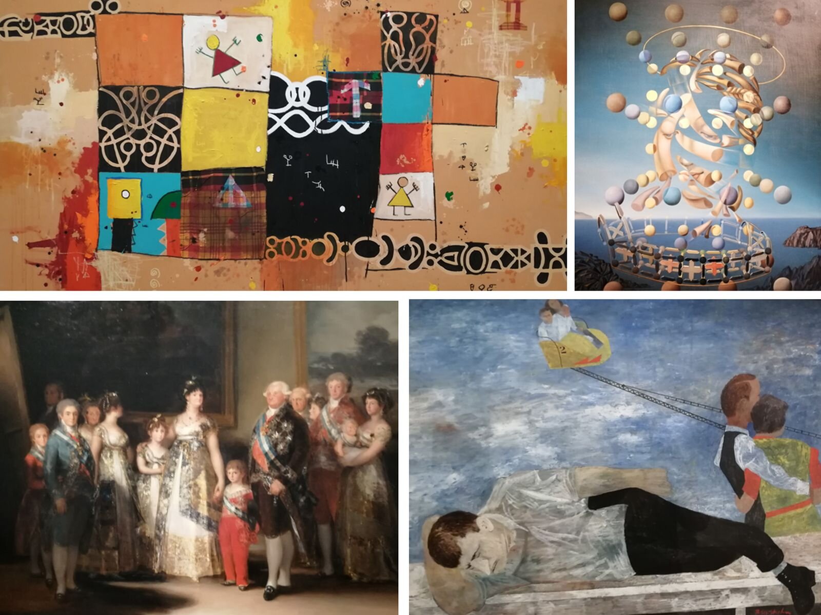 Zdjęcie jest zestawieniem czterech różnych fotografii obrazów. Na górze od lewej obraz przedstawia kompozycję złożoną z kwadratów ułożonych w prostokąt i krzyż. Na prostokącie znajduje się sześć kolorowych kwadratów: pomarańczowy; biały z narysowanym ludzikiem o żółtej głowie, trójkątnej, czerwonej sukience i cienkich nogach oraz rękach; żółty; czarny z beżowymi liniami; niebieski z namalowanymi figurami i w kratkę. Obok znajduje się krzyż złożony z sześciu kwadratów, na dolnym również znajduje się ludzik, ale ma sukienkę żółtą obok, nad nim czerwony kwadrat, następnie niebieski. Prawe ramię krzyża tworzy beżowy kwadrat, a lewe kwadrat w kratkę, na której namalowano białą strzałkę w górę, na samej górze czarny kwadrat z wijącymi się beżowymi liniami. Tło stanowią żółte, beżowe, białe, czerwone plamy i czarno‑beżowe wzory. Mniejszy obraz z prawej strony przestawia wirujące kule na tle spokojnego morza i bezchmurnego nieba. Wśród kul znajdują się beżowe worki do mierzenia siły wiatru, na których namalowano fragmenty twarzy madonny, można wyróżnić oczy, usta i fragment nosa, nad głową umieszczono aureolę w kształcie owalnym. Obraz w lewym dolnym rogu przestawia rodzinę arystokratyczną z XVIII wieku, 14 osób w różnym wieku stoi na tle ściany z dwoma obrazami, przedstawiającymi krajobrazy. Środek grupy zajmuje para, po prawej mąż w czarnym ubraniu z orderami i szarfą przepasaną przez ramię oraz z szablą u boku, obok stoi żona w koronkowej długiej sukni, po lewej stronie przytula się do jej boku dziewczynka ubrana podobnie jak matka, po prawej kobieta trzyma za rękę chłopczyka w czerwonym uniformie. Parę otaczają młodzi ludzie, kobiety i mężczyźni, być może są to ich dorosłe dzieci. Kobieta z prawej strony trzyma na ręku niemowlę. Obraz z prawej strony, u dołu przestawia fragment karuzeli na tle niebieskiego nieba. Na pierwszym planie widać śpiącego na ławce mężczyznę w szarej koszuli i czarnych spodniach. Leży na prawym boku, prawą rękę podłożył pod głowę, po jego prawej stronie stoi obejmująca się para, zwróceni są przodem do karuzeli, której nie widać. W tle widoczne jest tylko jej jedno ramię, na którego końcu znajduje się siedzenie dla dwóch osób. Fotele są żółte, siedzą w nich kobieta i mężczyna.