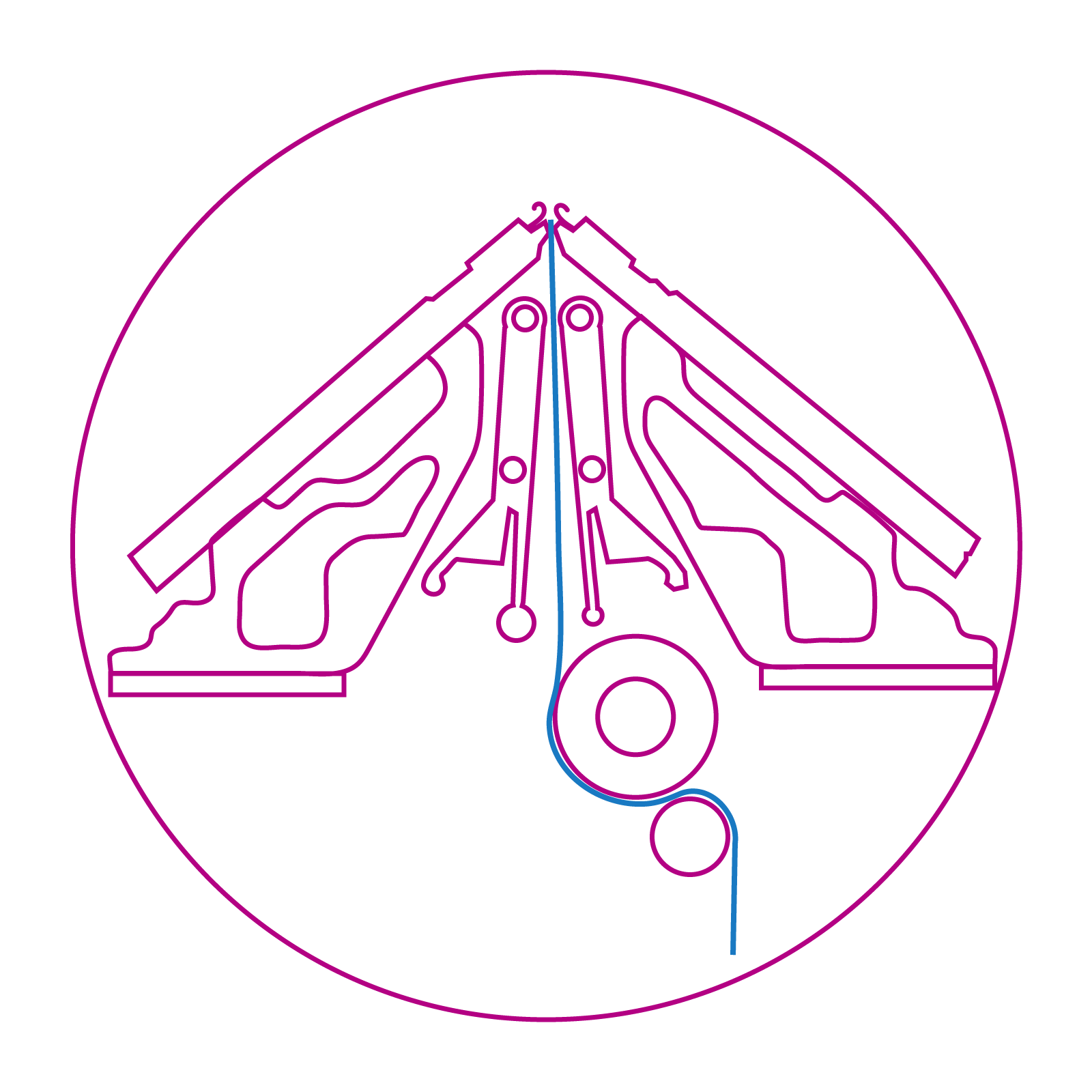 Schemat przedstawia odbiór wytworzonej dzianiny sterowany elektronicznie. Schemat ma kształt trójkąta. Na środku znajduje się zielona pionowa linia wychodząca z większego okręgu. Po obu stronach linii znajdują się podłużne czerwone elementy. Obok symetrycznie umieszczone są dwa szare elementy w kształcie trójkąta o ostrym wierzchołku, a na górze znajdują się dwie niebieskie linie formujące się w kształt daszka.
