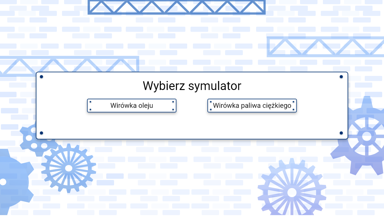 Grafika przedstawia ekran wyboru symulatora. Do wyboru jest symulator oleju lub symulator paliwa ciężkiego.