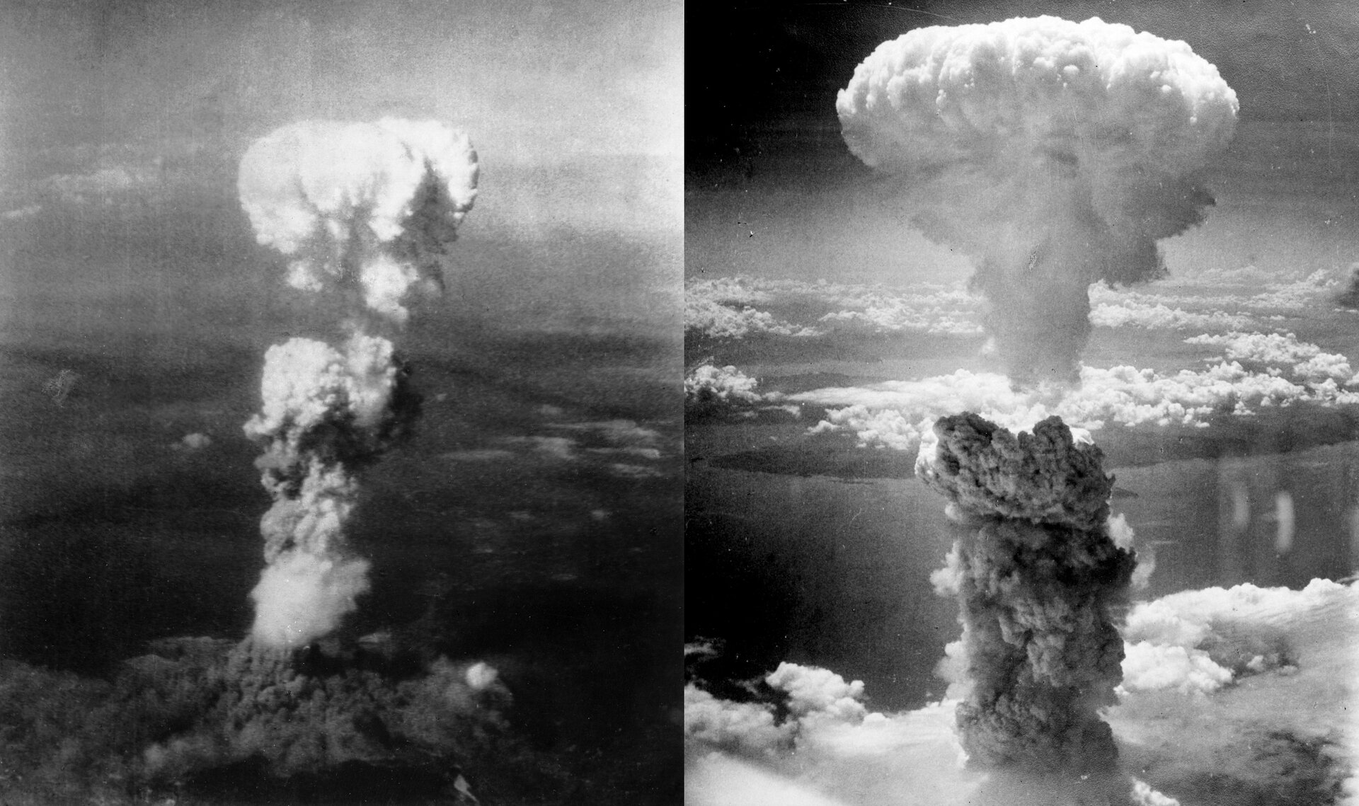 Dwa czarno białe zdjęcia chmury atomowej po zrzuceniu bomby na Nagasaki wykonane z powietrza. Zdjęcie po lewej przedstawia chmurę atomową nad Nagasaki. Chmura nad samą Ziemią jest czarna. Noga chmury, tak zwany komin, jest szara. Górna część chmury ma kształt kapelusza. Całość to grzyb atomowy. Zdjęcie po prawej stronie przedstawia zbliżenie na komin chmury i górną cześć kopuły. Komin chmury ma kolor szary. Nad kominem biała kopuła. Chmury tworzą grzyb atomowy.