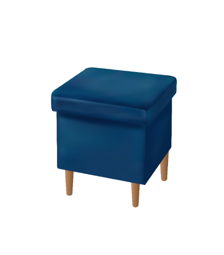 Grafika przedstawia gotowy puf obity ciemnoniebieską tkaniną, zamocowany na drewnianych nóżkach.