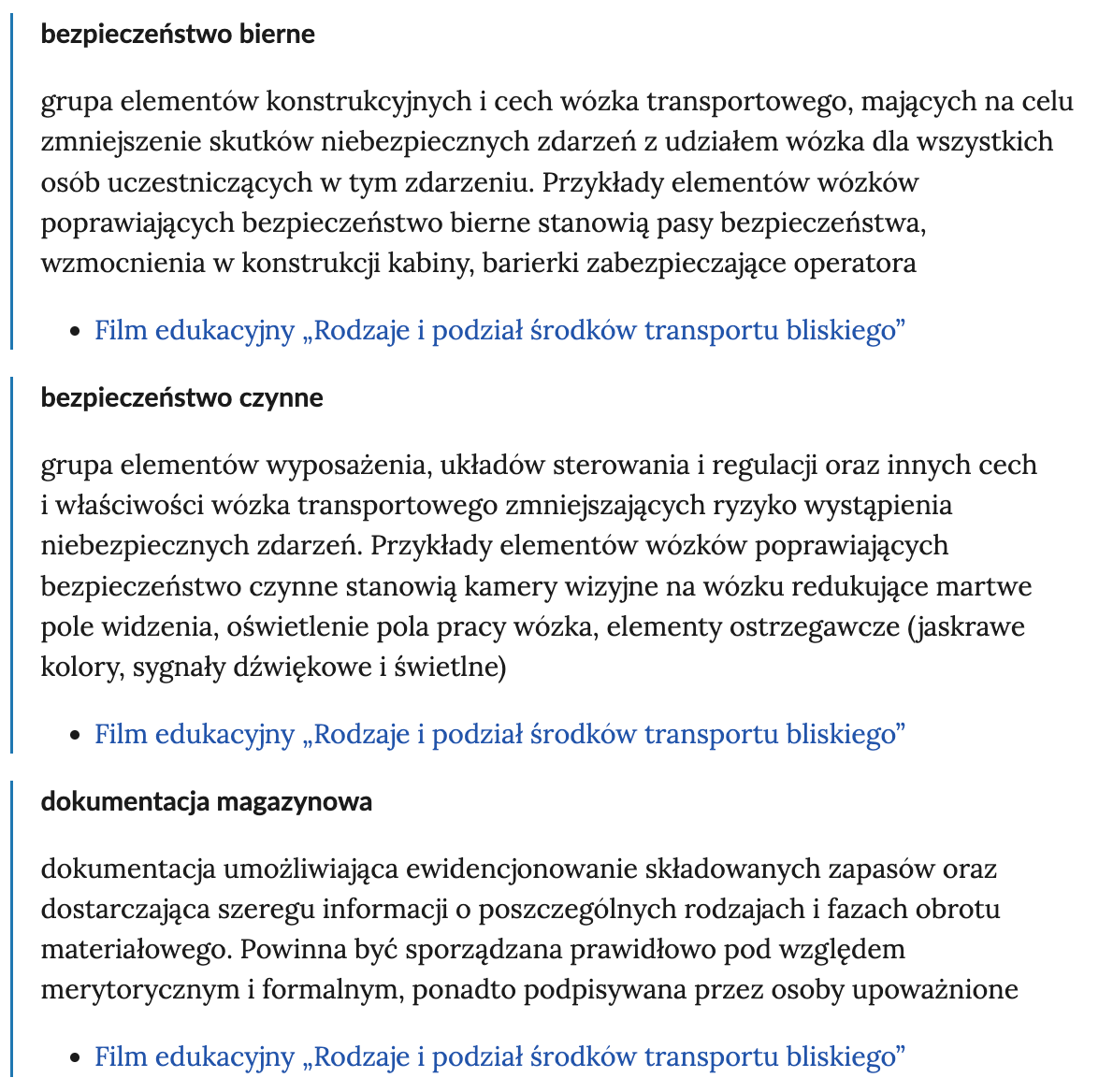 Zrzut ekranu przedstawia kilka pojęć ze Słownika. Konstrukcja jest następująca: pojęcie, poniżej jego wyjaśnienie, a pod nim znajduje się link, po którego kliknięciu użytkownik przenosi się do rozdziału w tym materiale, w którym dane pojęcie jest wykorzystywane. Linków może być jeden lub kilka, w zależności od tego, w ilu rozdziałach użyto pojęcia.