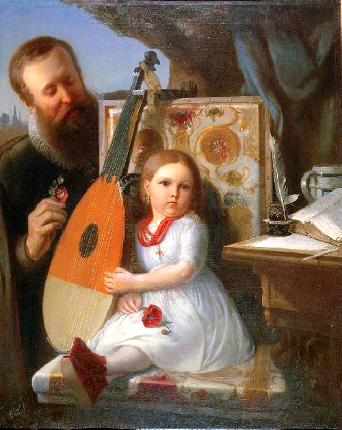 Obraz przedstawia małą dziewczynkę siedzącą na krześle. Koło niej stoi cytra. Przy krześle klęczy dojrzały mężczyzna w szesnastowiecznym stroju dworskim. Przygląda się dziecku.