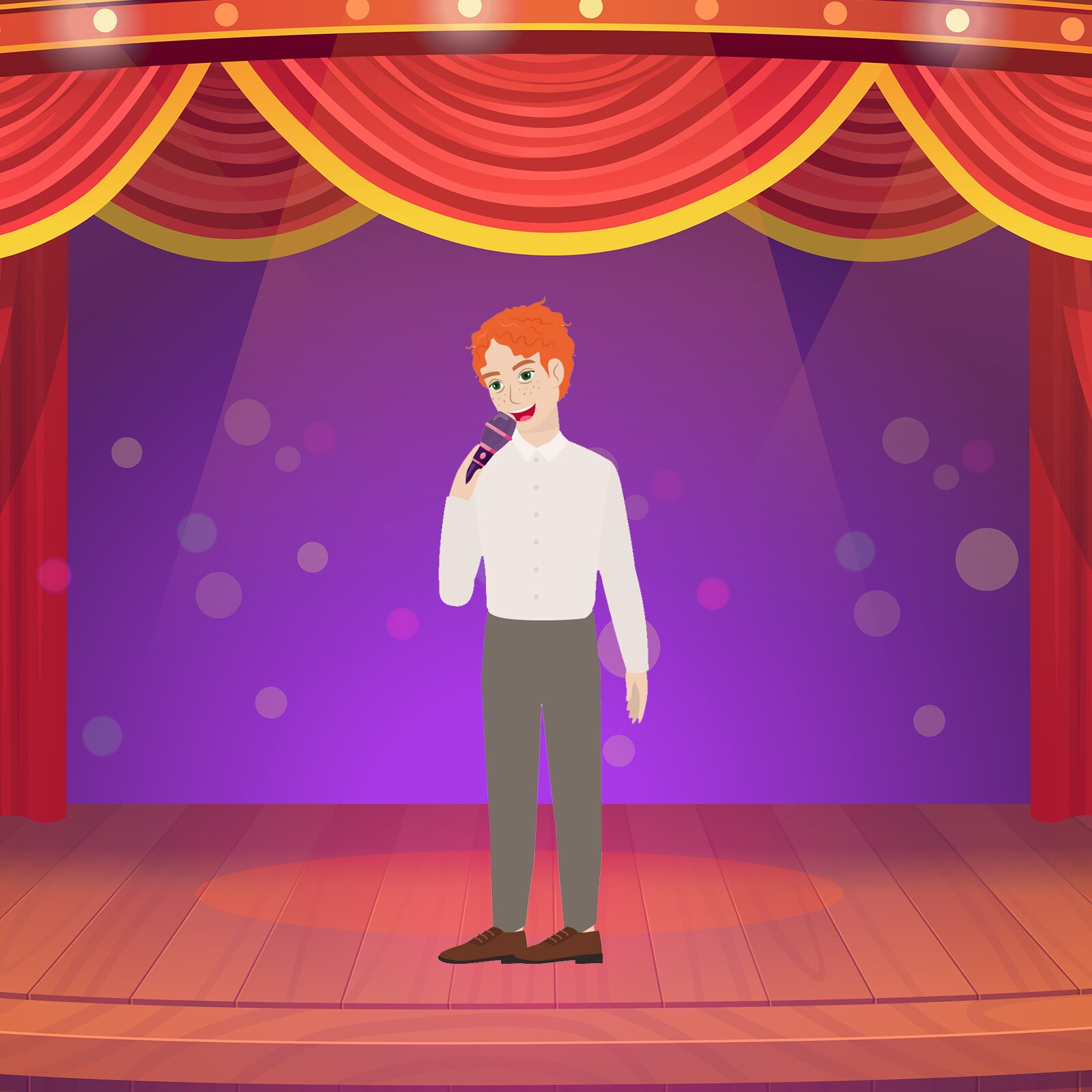 Ilustracja przedstawia rudowłosego mężczyznę w białej koszuli, który stoi na scenie i śpiewa do mikrofonu w swojej dłoni.