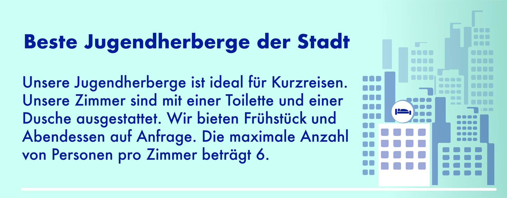 Ilustracja przedstawia reklamę schroniska młodzieżowego. Widoczny jest rysunek blokowiska i łóżka. Transkrypcja znajduje się poniżej.