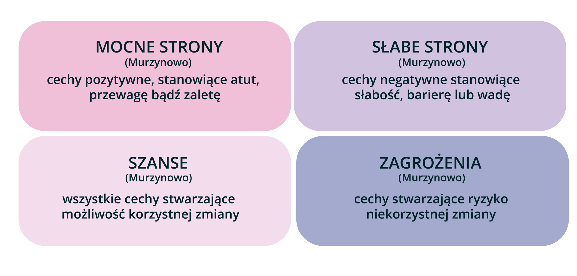 Grafika złożona z czterech pól tekstowych. 
Pole pierwsze. MOCNE STRONY (Murzynowo). Cechy pozytywne, stanowiące atut, przewagę bądź zaletę.
Pole drugie. SŁABE STRONY (Murzynowo). Cechy negatywne stanowiące słabość, barierę lub wadę.
Pole trzecie. SZANSE (Murzynowo). Wszystkie cechy stwarzające możliwość korzystnej zmiany.
Pole czwarte. ZAGROŻENIA (Murzynowo). Cechy stwarzające ryzyko niekorzystnej zmiany.