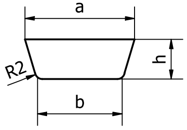 Na ilustracji przedstawione są wymiary wlewów doprowadzających niskich, w milimetrach (WDnt). Przekrój wlewu doprowadzającego jest w kształcie prostopadłościanu równoramiennego, z dłuższą podstawą skierowaną ku górze oraz zaokrąglonymi dolnymi rogami. Wymiary są zaznaczone prostą zakończoną z obu stron grotami. Wymiar górnej podstawy jest zapisany jako długość a, wymiar podstawy krótszej jako b oraz wysokość jako h. Dodatkowo jest zaznaczone zaokrąglenie R2. 