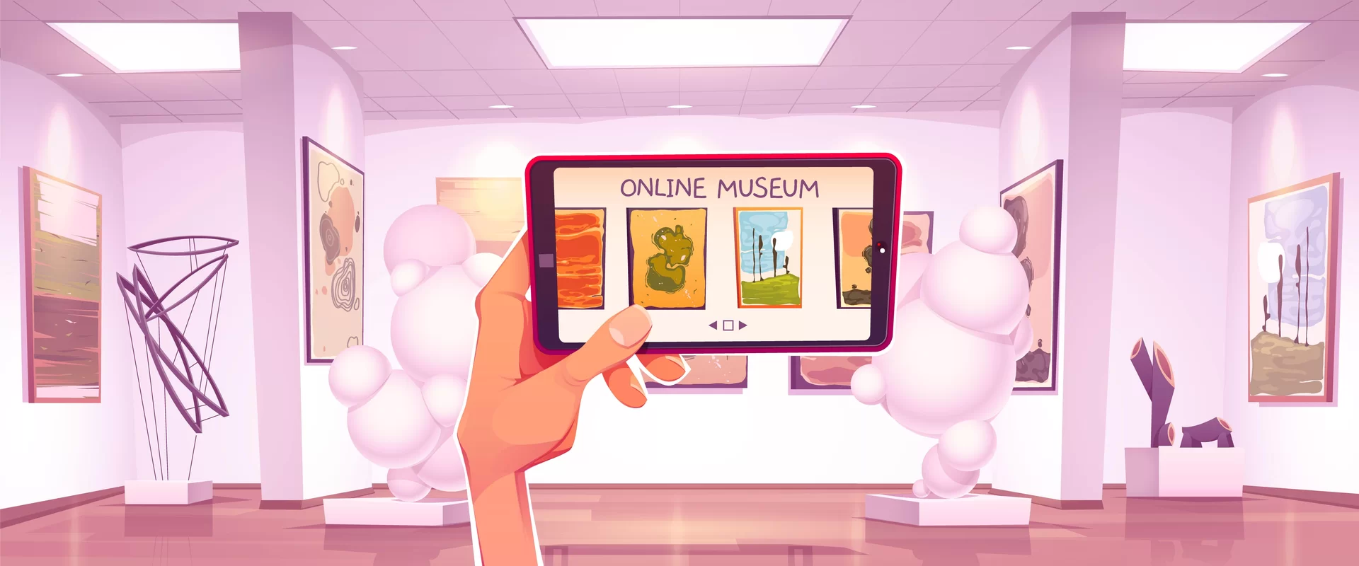 Na grafice jest dłoń, która trzyma smartfon. Na ekranie są obrazy, a nad nimi jest napis. Online museum. Za telefonem znajduje się różowa ściana z przegródkami. Na ścianach są zawieszone obrazy. Przy ścianach znajdują się dzieła sztuki.