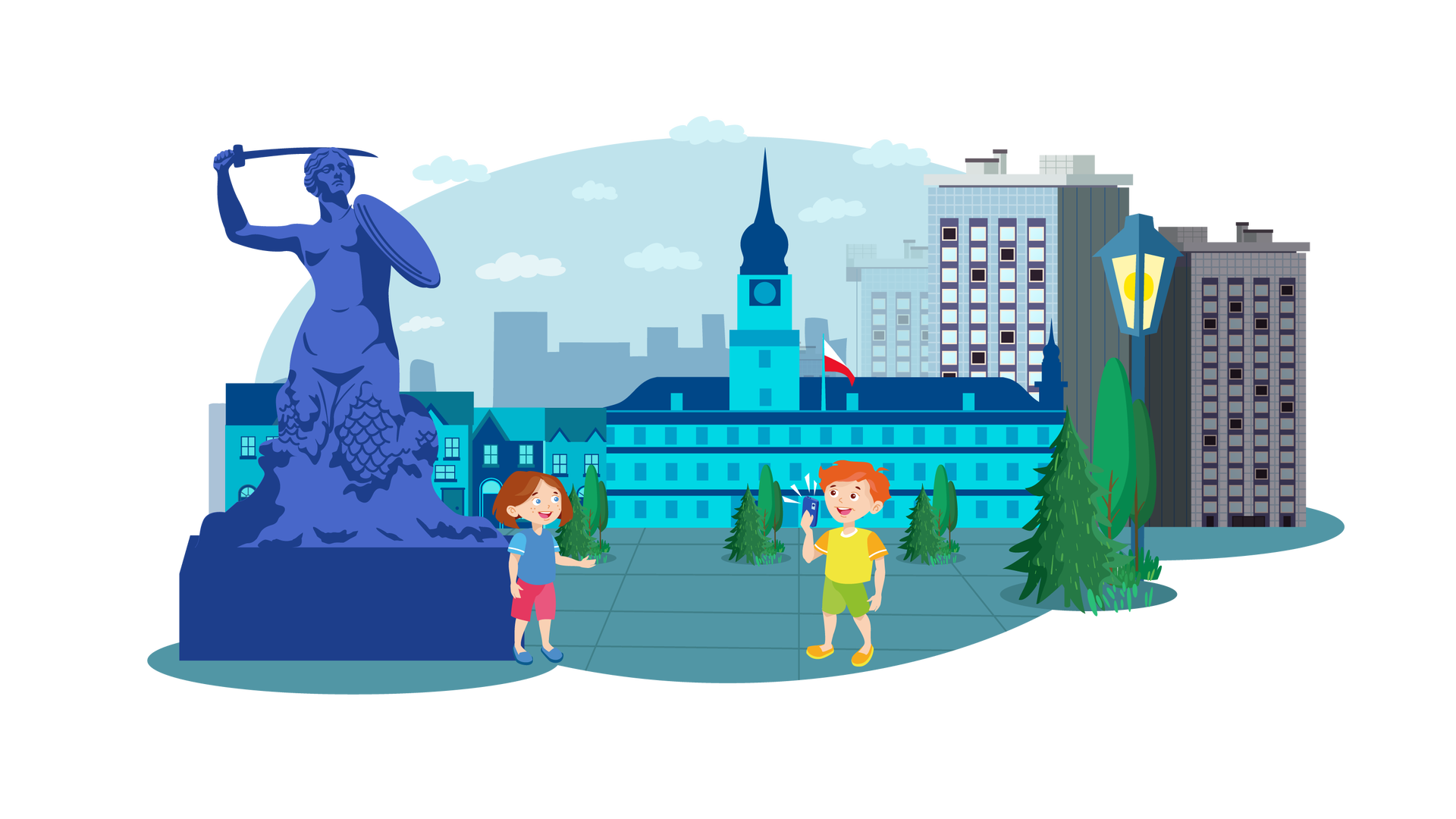 Ilustracja przedstawia krajobraz miejski. W tle widać zarys budynków miejskich oraz błękitne niebo z jasnymi chmurami. Na środku znajduje się niebieski budynek Zamku Królewskiego z wieżą i zegarem. Obok wieży wetknięto biało‑czerwoną flagę Polski. W centralnej części ilustracji jest plac. W kilku miejscach na placu rosną pojedyncze drzewa iglaste i liściaste. Po prawej stronie stoi granatowa latarnia dająca żółte światło. Po lewej stronie widać pomnik warszawskiej Syrenki. Jest to pół kobieta, pół syrena. W lewej ręce trzyma okrągłą tarczę, a w prawej, uniesionej nad głową, miecz. Na prawo od pomnika stoi Maja. Jest ubrana w niebieską koszulkę z krótkimi błękitnymi rękawami, krótkie ciemnoróżowe spodnie i ciemnoniebieskie buty z granatowymi podeszwami. Uśmiecha się i pozuje do zdjęcia. Na prawo od Mai stoi Franek. Jest ubrany w żółtą koszulkę z krótkimi pomarańczowymi rękawami, krótkie jasnozielone spodnie i pomarańczowe buty z żółtymi podeszwami. W prawej dłoni trzyma granatowy telefon, którym robi zdjęcie Mai. Chłopiec również szeroko się uśmiecha.
