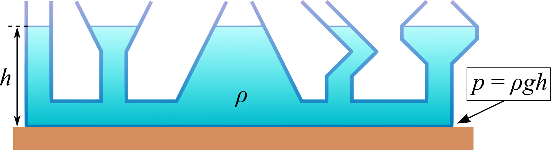 Ilustracja przedstawia naczynia połączone. Tło białe. Naczynia wypełnione są niebieską wodą. Dna naczyń są połączone jednym, długim naczyniem. Dzięki temu mają wspólne dno. Ciecz o gęstości ro może swobodnie przepływać. Wspólne dno umieszczono na brązowym podłożu. Dno naczynia płaskie, przylegające do podłoża. Naczynia mają różne kształty: walcowaty, walcowaty u dołu i rozszerzający się u góry, trójkątny z podstawą we wspólnej części, walec wykrzywiony najpierw w prawo, potem w lewo, walcowaty rozszerzający się w połowie, a u góry znów zwężający. Poziom we wszystkich pięciu naczyniach, pomimo ich różnych kształtów, pozostaje taki sam. Wysokość oznaczono na rysunku, z lewej strony, pionową czarną strzałką z grotami u obu końców. Strzałka podpisana „ha”. Po prawej stronie naczynia, na miejsce, w którym dotyka podłoża, skierowano strzałkę, podpisaną jako „pe równa się ro gie ha”.