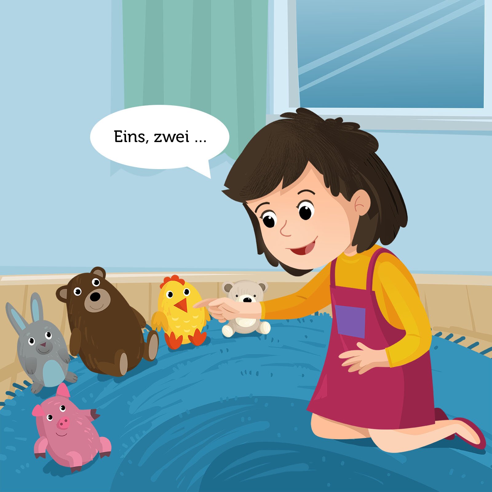 Na ilustracji znajduje się dziewczynka siedząca na kocu, licząca swoje pluszowe zwierzątka.