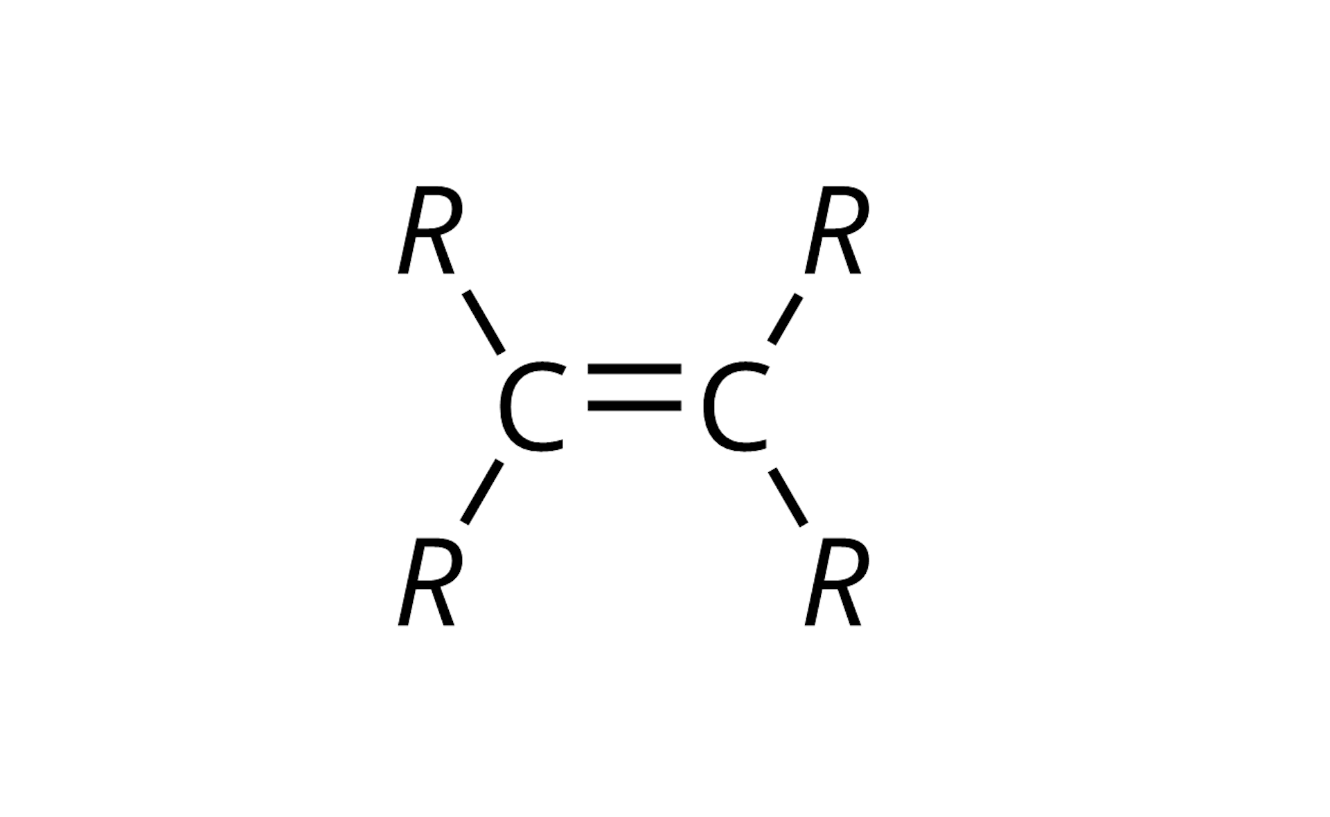 Ilustracja przedstawiająca wzór alkenu, który to zbudowany jest z dwóch atomów węgla C połączonych za pomocą wiązania podwójnego symbolizowanego przez dwie kreski łączące atomy C. Każdy z dwóch atomów węgla podstawiony jest dwiema grupami R.